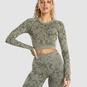 GYMSHARK XS Adapt Camo Seamless Long Sleeve Crop Top Thumbhole Sleeves Green XS